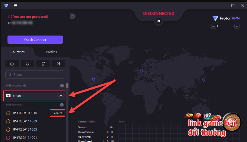 Người sử dụng nhấn connect vào quốc gia bạn lựa chọn để tiến hành fake VPN bằng Proton VPN
